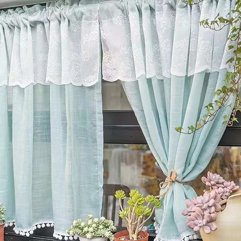 

Korean Style Fresh Blue Sheer Lace Short Curtains Valance Tier For Kitchen Cafe Farmhouse Pom Pom Balcony Window Drapes