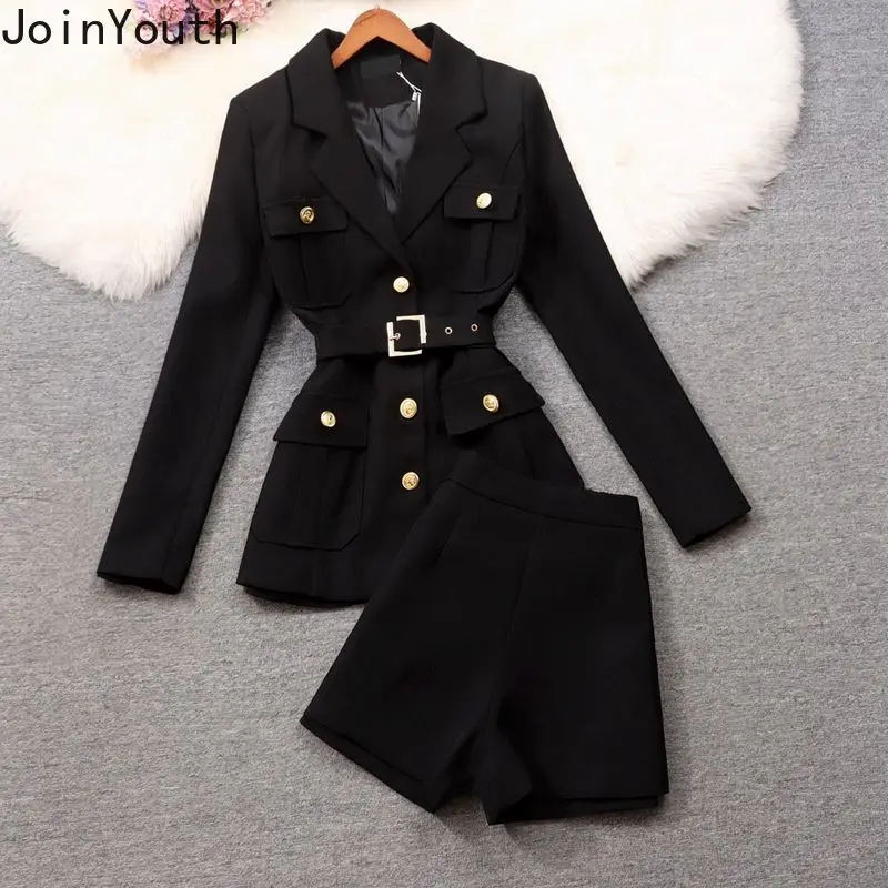 Женский костюм из двух предметов зимняя двубортная куртка-туника с пряжкой