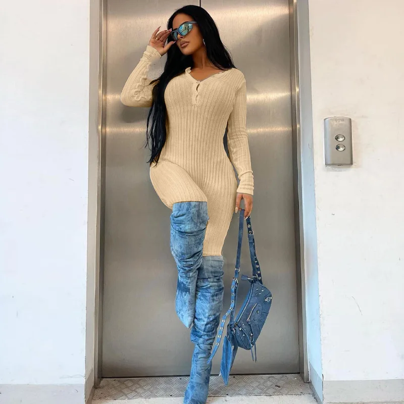 New European And American Women's Solid Color Round Neck Buttoned Slim Fit Hip Lifting Exercise Yoga Jumpsuit