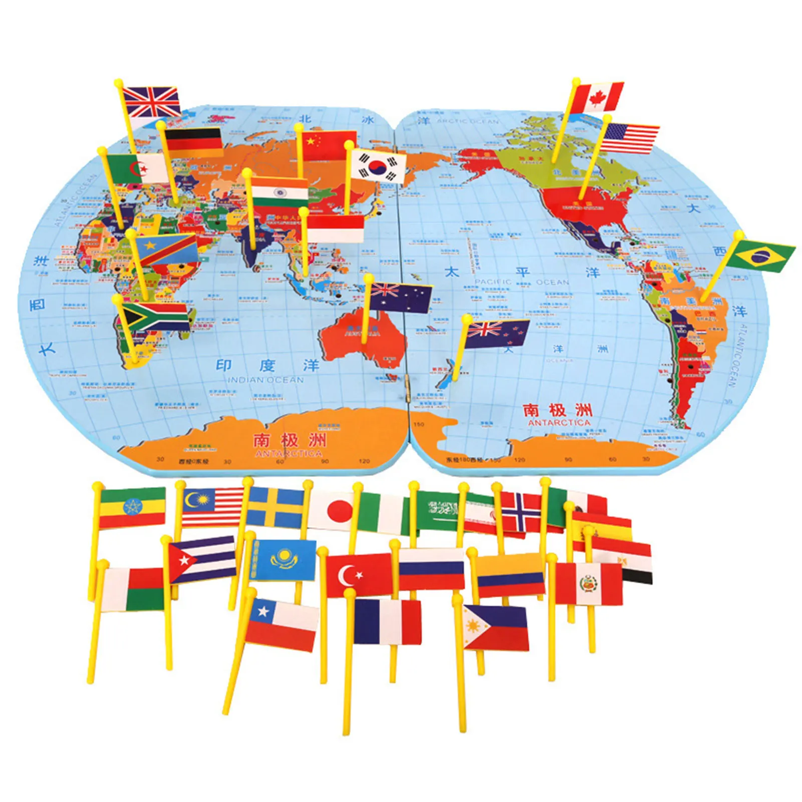 

World Geographic Map Board With National Flags Wooden And Foldable Mapology Puzzle Interactive Educational Toy For Kids To Learn