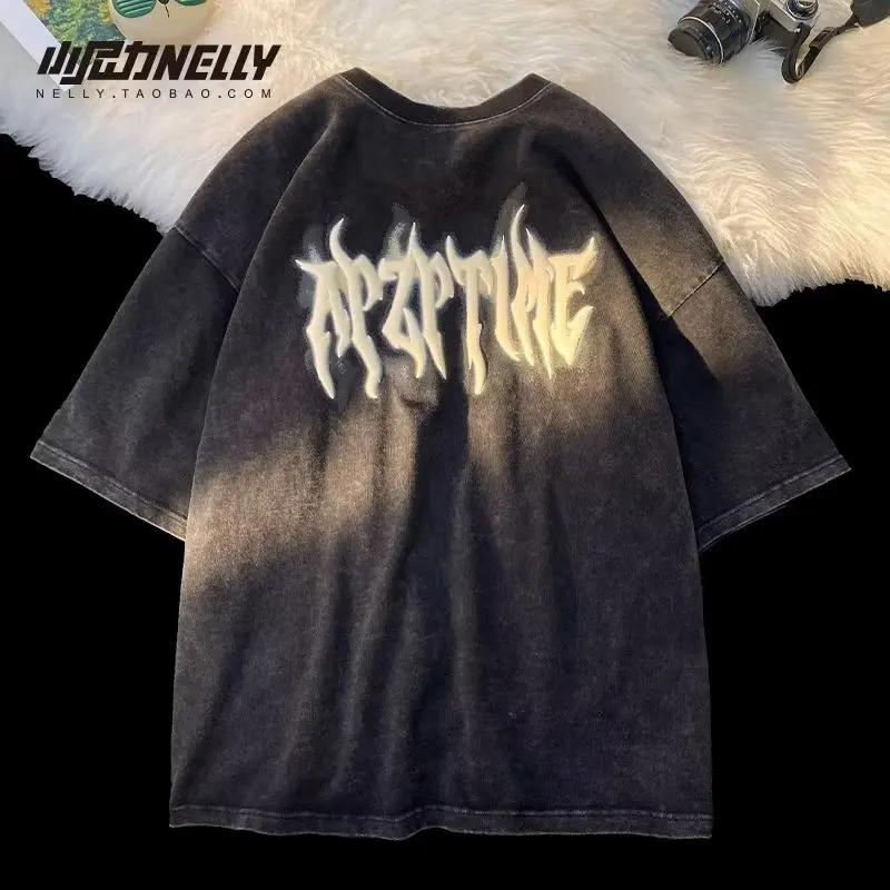 

Американские Футболки для улицы, тяжелая стирка, старая Высококачественная Футболка с принтом пены и коротким рукавом для мужчин и женщин