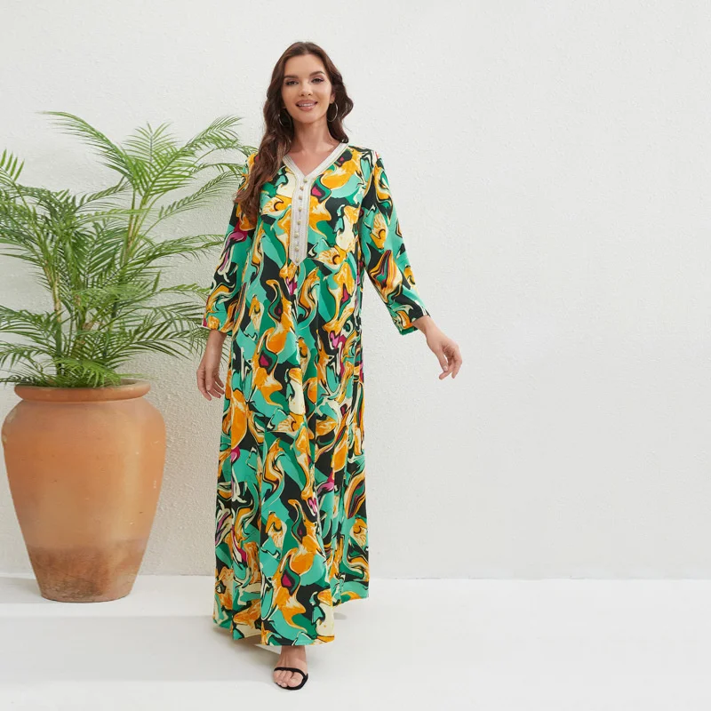 Abaya For Women Printed Loose Fit Women's Dress 2023 Summer New Casual Home Furnishing Fashion V-neck Robe Dubai Turkey Islam