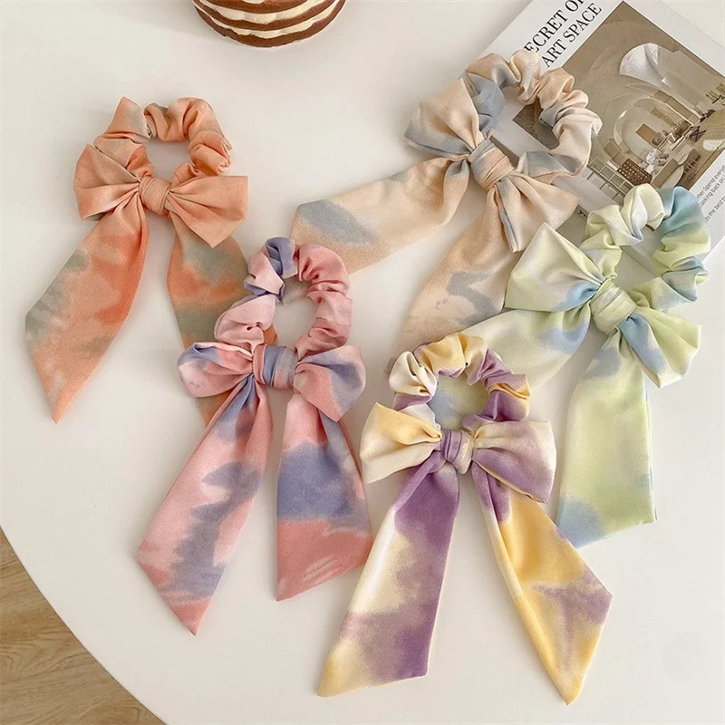 

Fashion Bow Scrunchies Long Ribbon Elastic Hair Bands for Girls Women Hair Accessories Print Headwear Solid Color Hair Ties