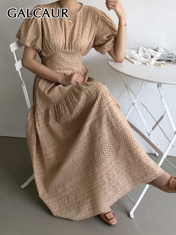 

GALCAUR Summer Korean Dress For Women Round Neck Puff Sleeve High Waist Solid Minimalist Midi Dresses Female Summer Clothing New