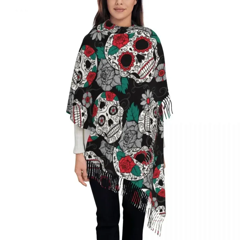 

Sugar Skull Day Of The Dead Scarf For Womens Winter Warm Cashmere Shawls And Wrap Mexican Skeleton Large Scarves With Tassel