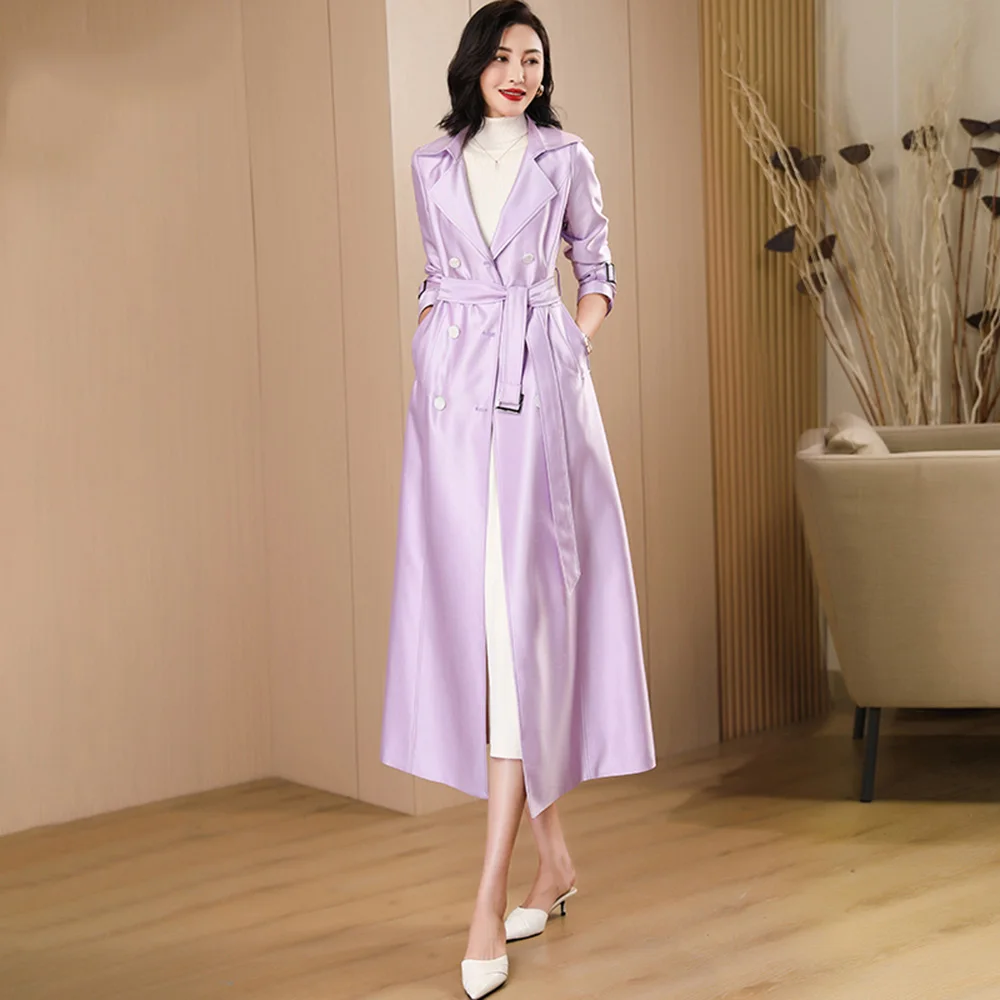 

New Women Long Trench Coat Spring Summer Elegant Fashion Popular Double Breasted Slim Overcoat Light Violet Tops Coat Female