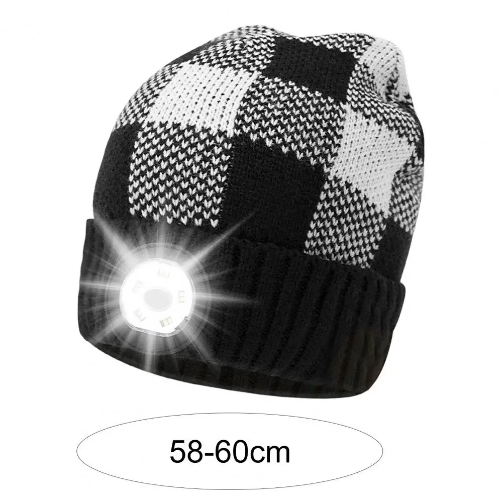Unisex Headlamp Hat LED 3 Modes USB Charging Autumn Winter Cuffed Windproof Warm Plaid Knitting Beanies Hat For Outdoor