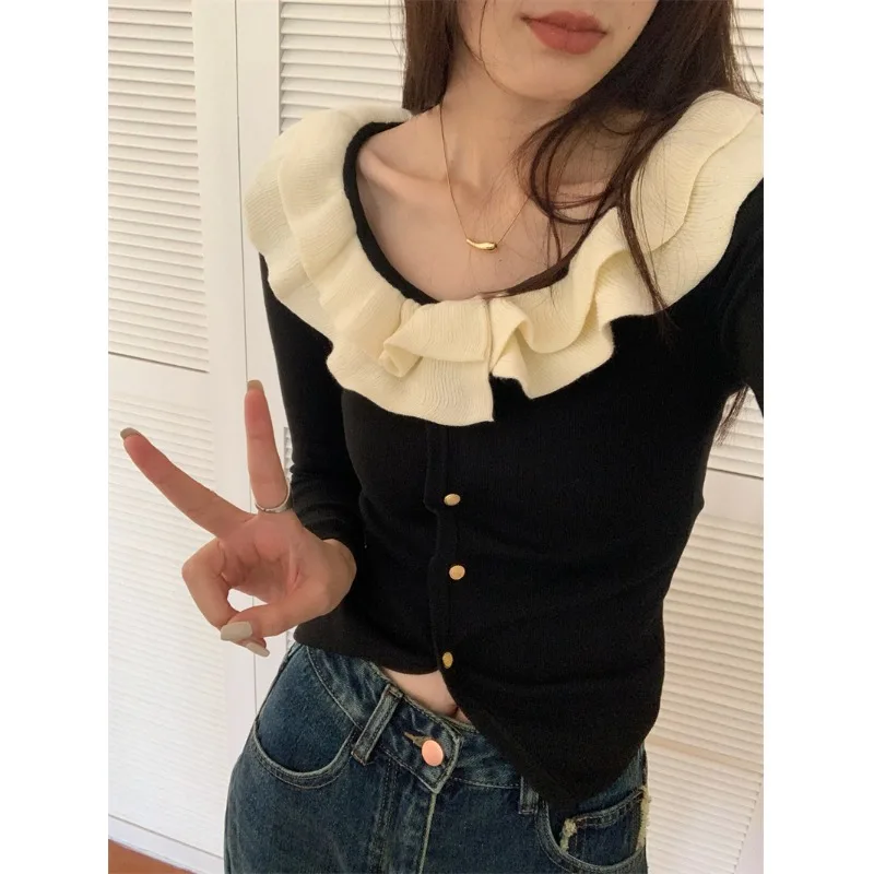 

Korobov Sweet Style Long Sleeve Knit Top Contrast Color Ruffles Female sweater Slim Pullovers Fashion Pull Femme Hiver 2022