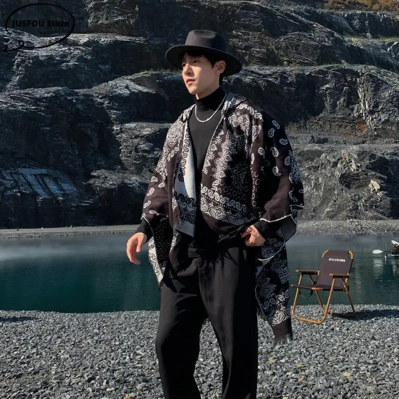 Пончо из искусственного кашемира мужской плащ с капюшоном теплая шаль накидки