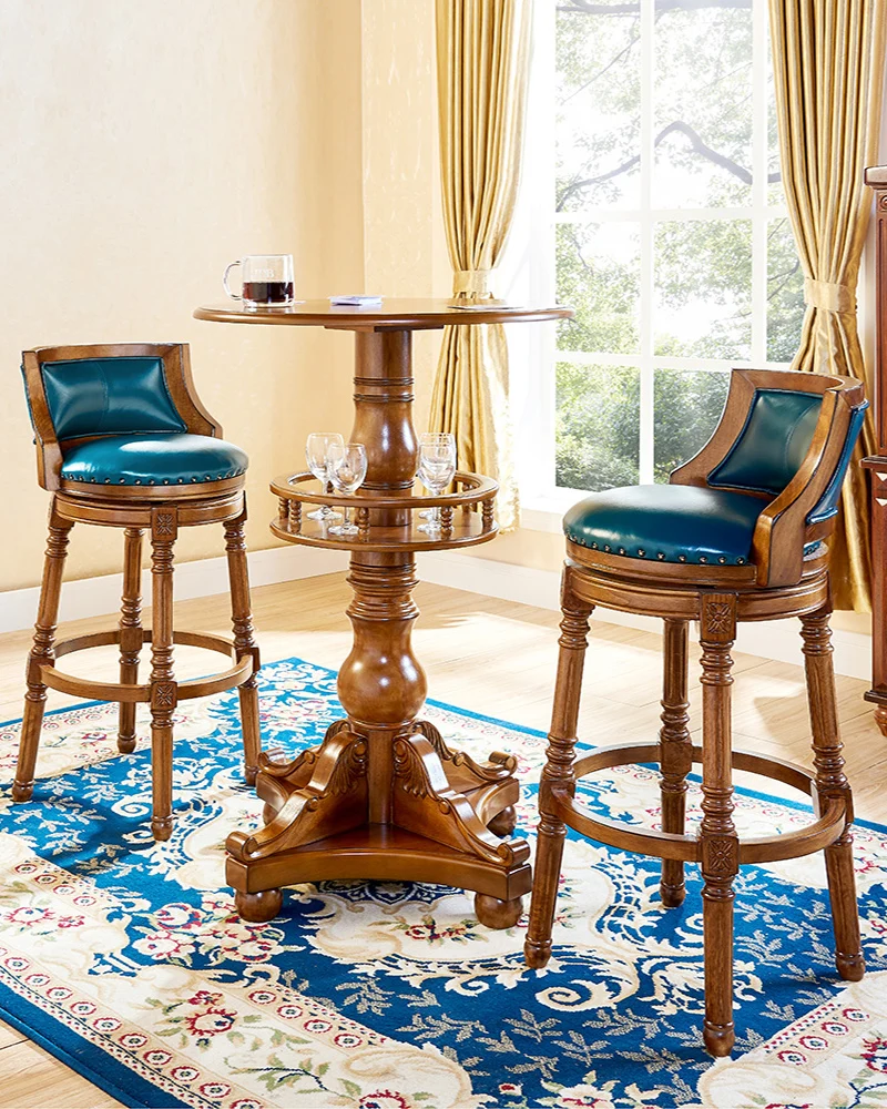 

American-style Bar Chair European-style Solid Wood Bar Chair Round Retro Bar Stool High Stool Home Backrest Bar Rotating Luxury