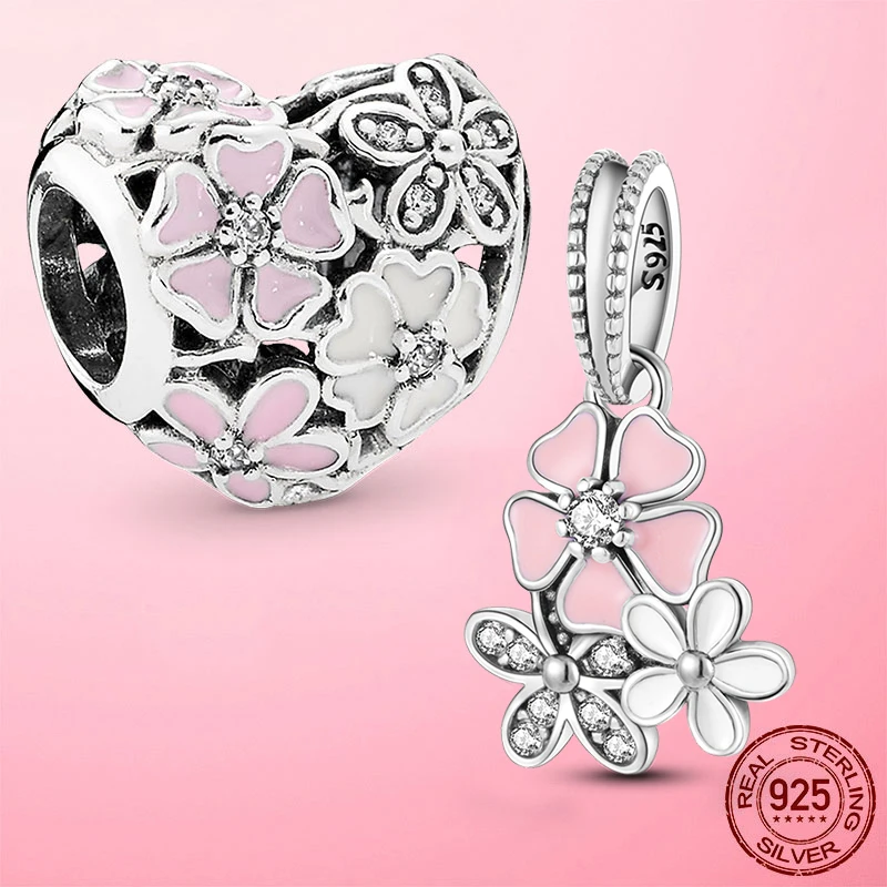 

Spring New 925 Silver Enamel Daisy Flower Petals Heart Charms Beads fit Original Pandora Bracelet DIY Jewelry Making