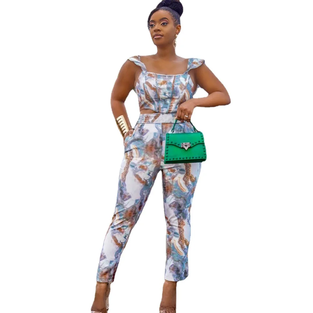 

Trousers Set Fashion Casual Women's Two Piece Print Ruffled Square Neck Top Slim Skinny Pants Set 2022 Summer African Clothing