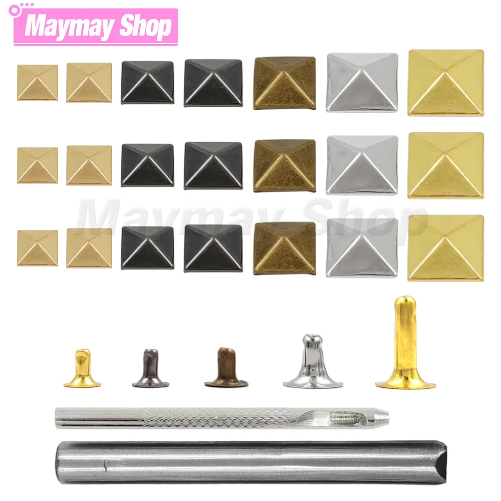 

100sets 6-12mm Metal Pyramid Cap Rivets Square Studs With Tools for Leather Craft Bag Clothing Garment Shoes Accessories