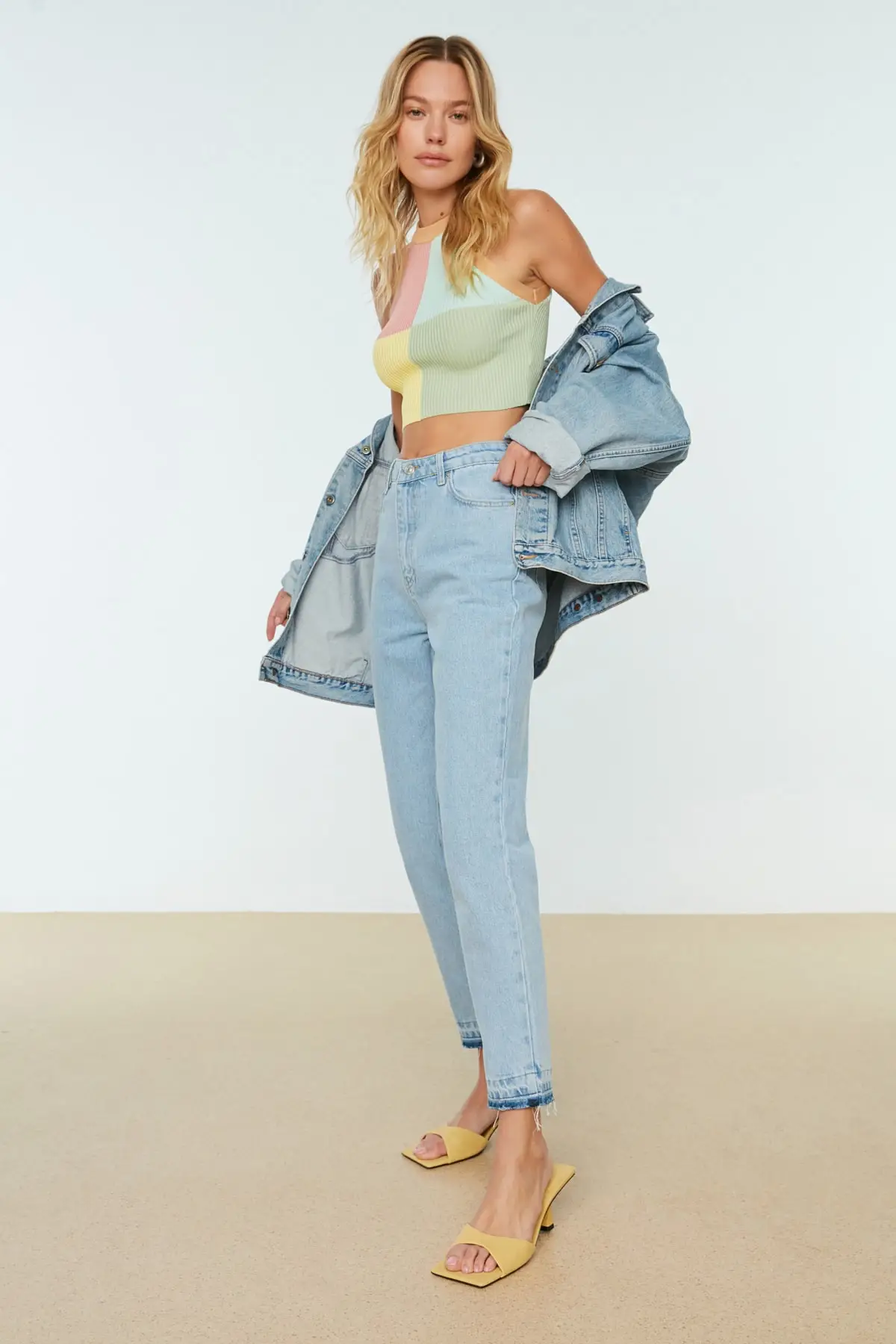 

Women's Jean Blue Detailed High Waist Full Length Straight Pant Streetwear Female Buttons Zipper Ladies