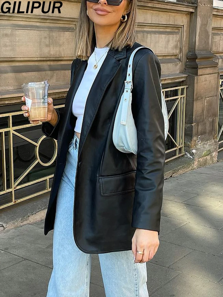 Leather Jacket Women Casual PU Elegant Blazer Jackets Female Streetwear New Spring Fashion Y2k Faux Coat Black Leather Pants