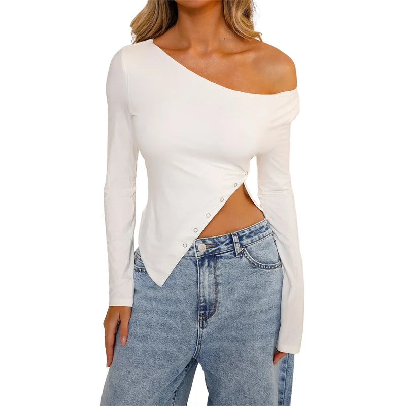 

Женские футболки Musuos с асимметричным подолом, однотонная Повседневная Уличная одежда, облегающие кроп-топы с косым плечом и длинным рукавом, Повседневная Уличная одежда