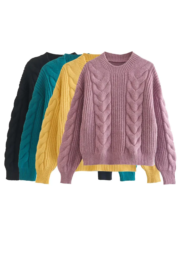 

Women 2022 New Fashion Twists Crew Neck Corespun Cropped Knitted Sweater Vintage Long Sleeve Female Pullovers Chic Tops
