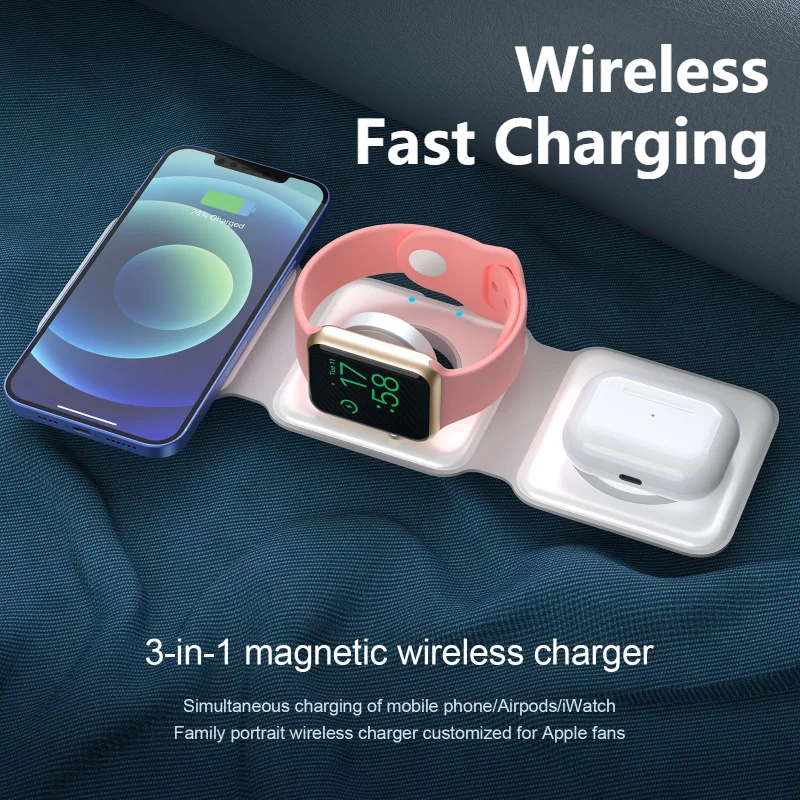 

Magnetic Wireless Charger 3 in 1 Pad Stand Foldable for iPhone 14 13 12Pro Fast Chargers Multifunction holder for Airpods iWatch