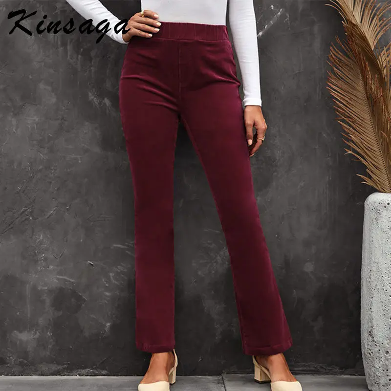 

Women Casual Elastic Waist Corduroy Flared Pants Vintage Skinny Brown Wide Leg Jogger Sweatpants Vintage Elegant Long Trousers