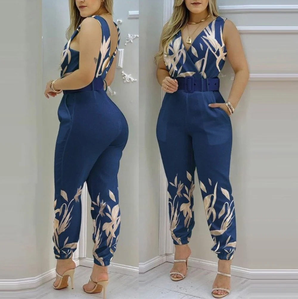 

Women Fashion Elegant Sleeveless Partywear Jumpsuits Formal Office Lady WorkWear Casual V Neck Belted Jumpsuit