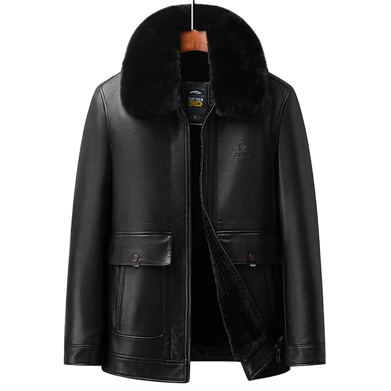 

Mens Winter PU Leather Jacket Thicken Fleece Lined Warm Coat with Removable Fur Collar Windproof Waterproof Warm Motorcycle Male