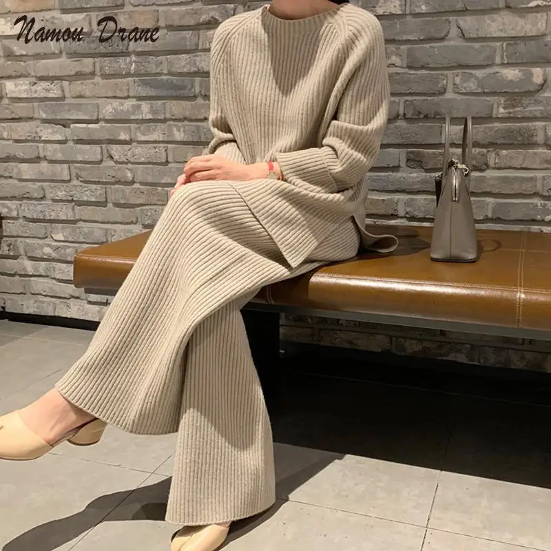 

2021 Autumn Winter 2 Pieces Women Sets Knitted Tracksuit O-Neck Split Sweater and Wide Leg Jogging Pants Pullover Suits