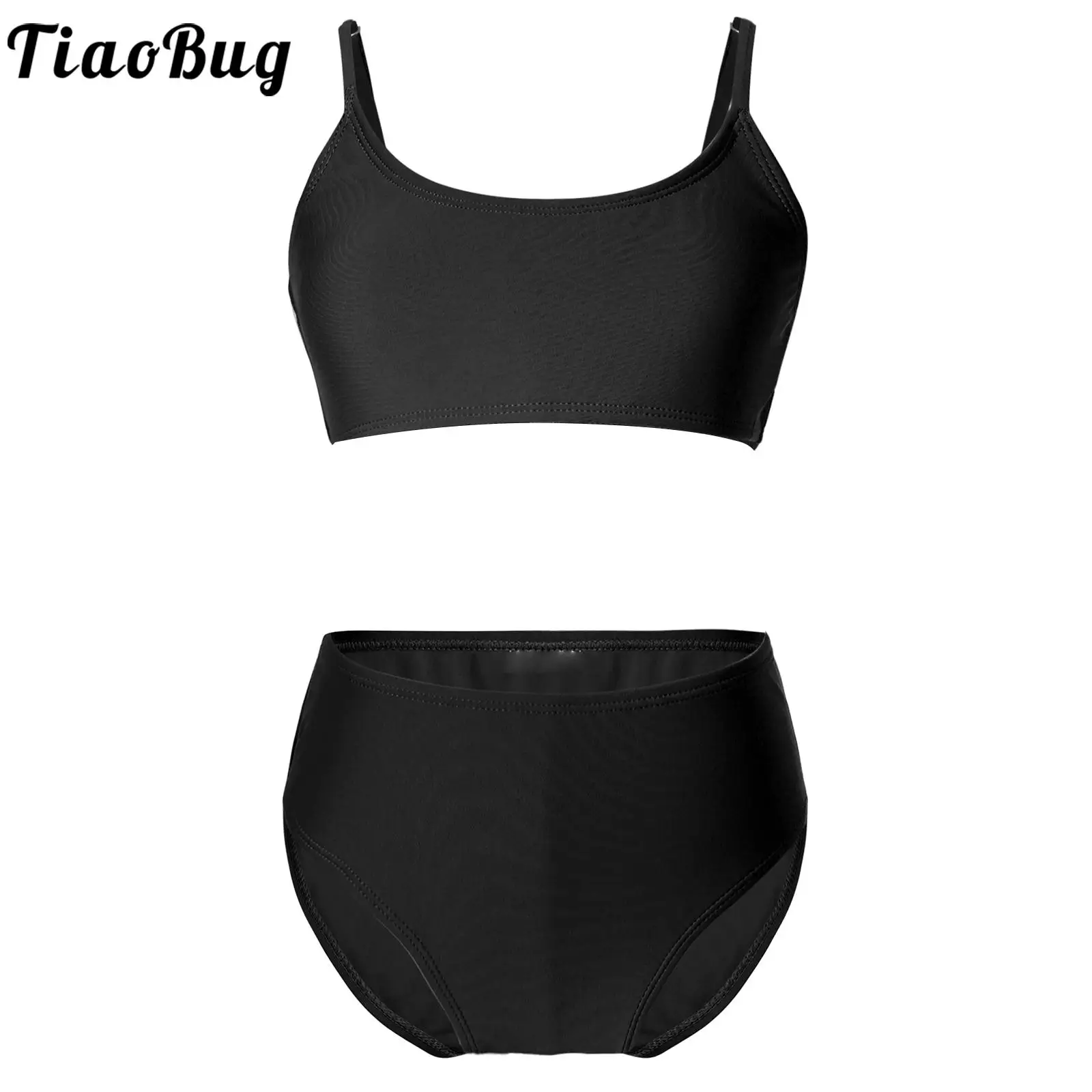 

8-14Y 2Pcs Kids Girls Swimsuit Adjustable Spaghetti Straps Padded Top Briefs Tankini Set Swimwear Bathing Suit Pool Beachwear