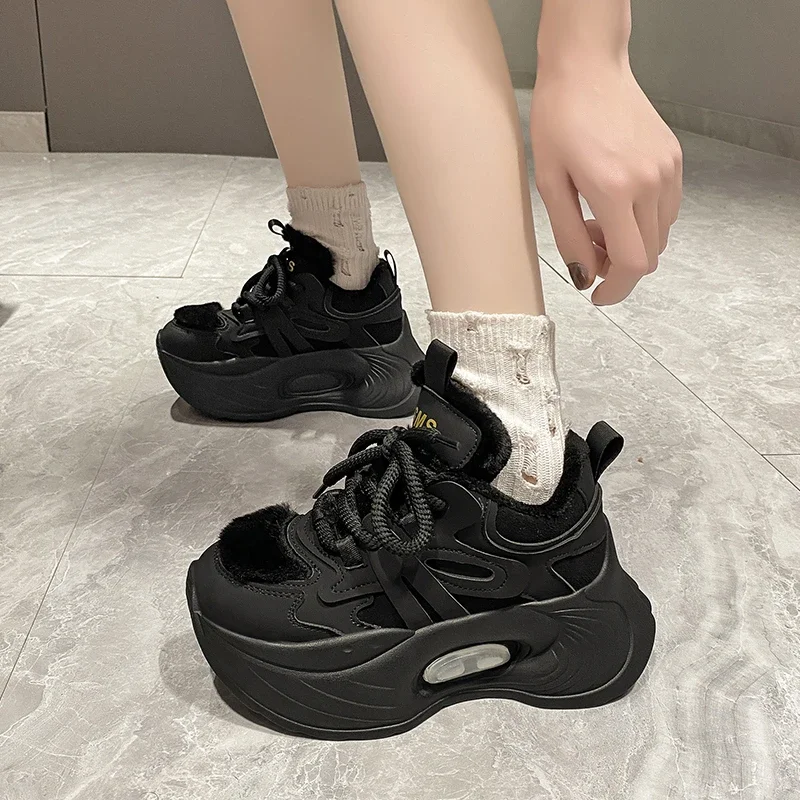 

Black/Khaki Platform Sneakers for Women Winter Plush Warm Lace Up 7.5cm Height Increasing Sole Comfor Vulcanize Shoe Cotton Boot