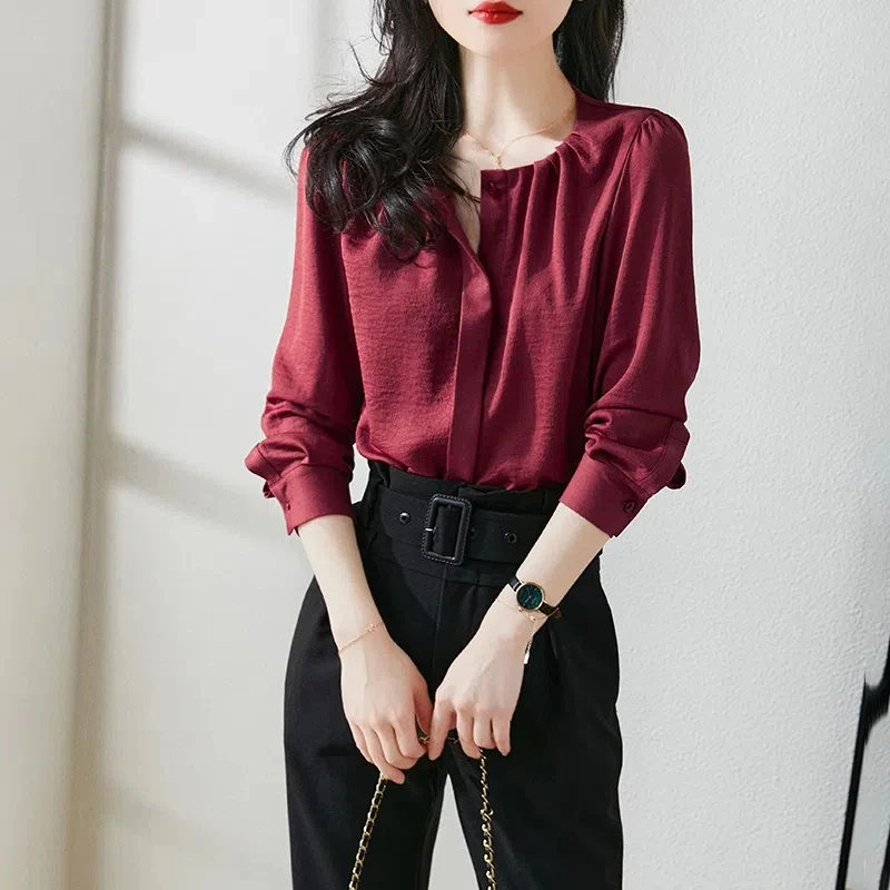 

Fashion Korean Women Blouse Fashion Fall Long Sleeve Pleated O Neck Tops Office Ladies Solid Color Blouses Red Blusas Mujer