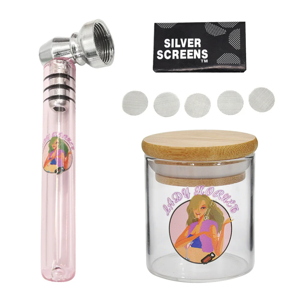 

Lady Hornet Glass Smoking Pipe With Clear Handle Metal Bowl+Glass Tobacco Stash Jar with Bamboo Lid