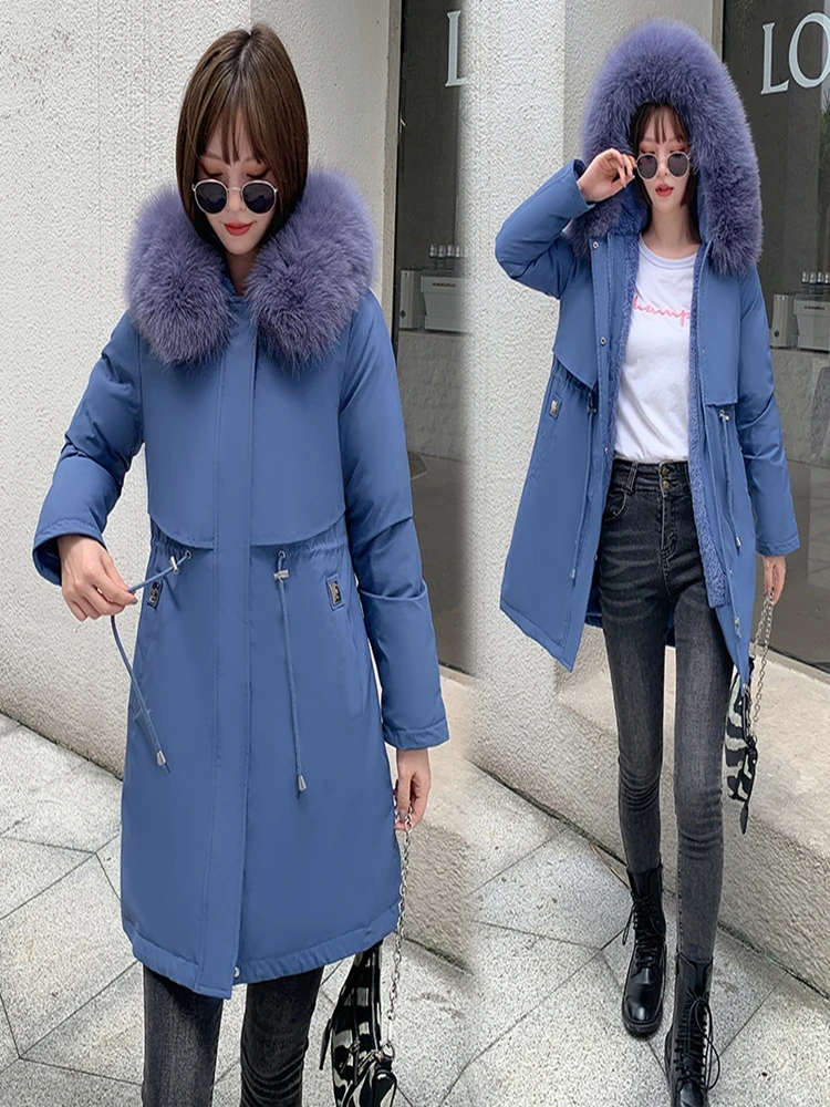 2022 New Winter Jacket Women Parkas Warm Fur Collar Jacket Long Hooded Parka Coat Female Fur Lining Thick Office Lady Streetwear