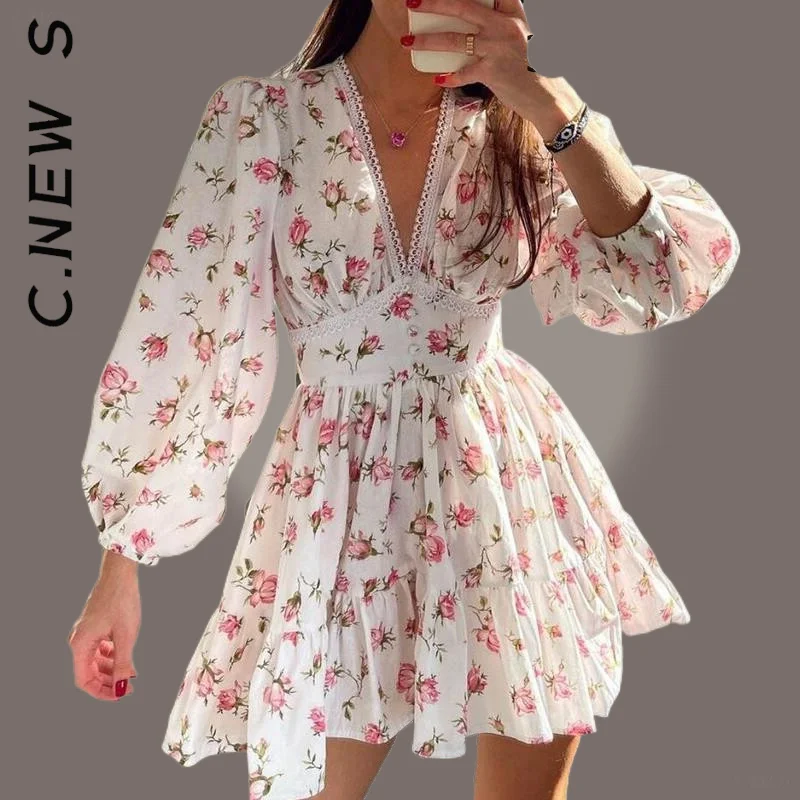 

C.New S New Dress Women Chic Robe Floral V neck Sweet Short Dress Soft Stylish Vestidos Female Dress Woman