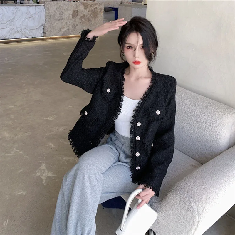 Женские твидовые короткие куртки с бахромой элегантные милые шикарные шерстяные