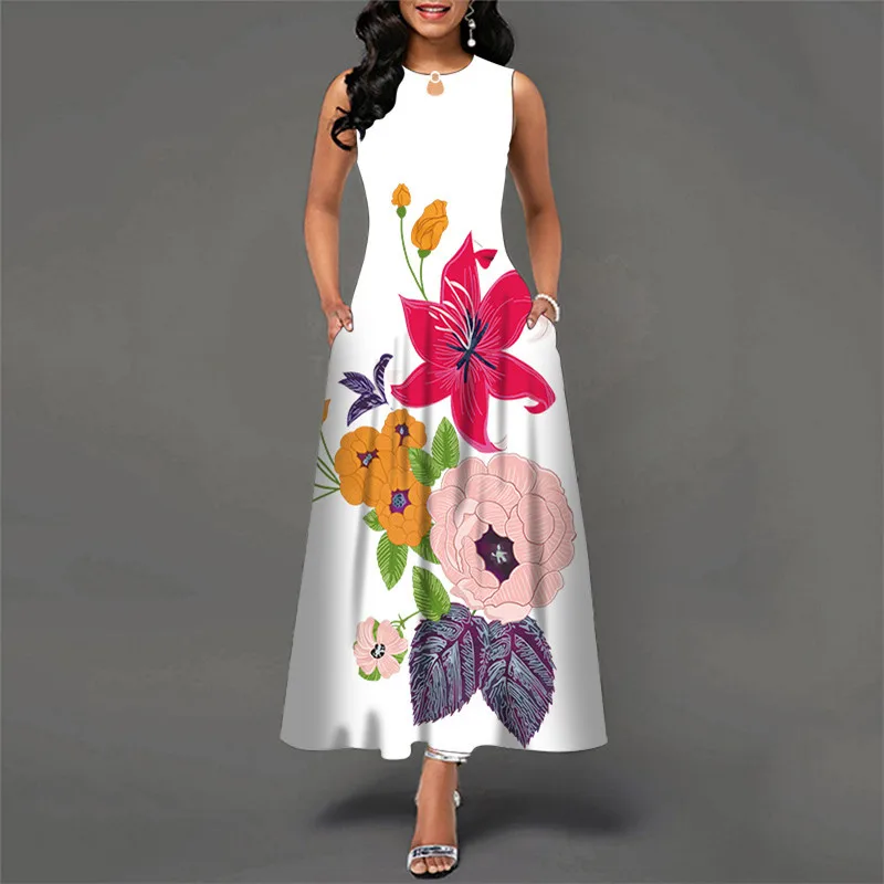 

2022 New Boho Floral Maxi Dress Women Sexy Sleeveless Beach Vest Sundress Lady Elegant Vintage A-Line Dress Vestidos De Mujer