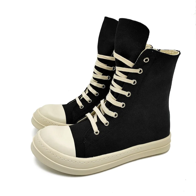 New Spring Dark Black Thick-Soled High-Top Men's Canvas Shoes Lace-up Round Toe Casual Short Boots Women's Sports Shoes Trend