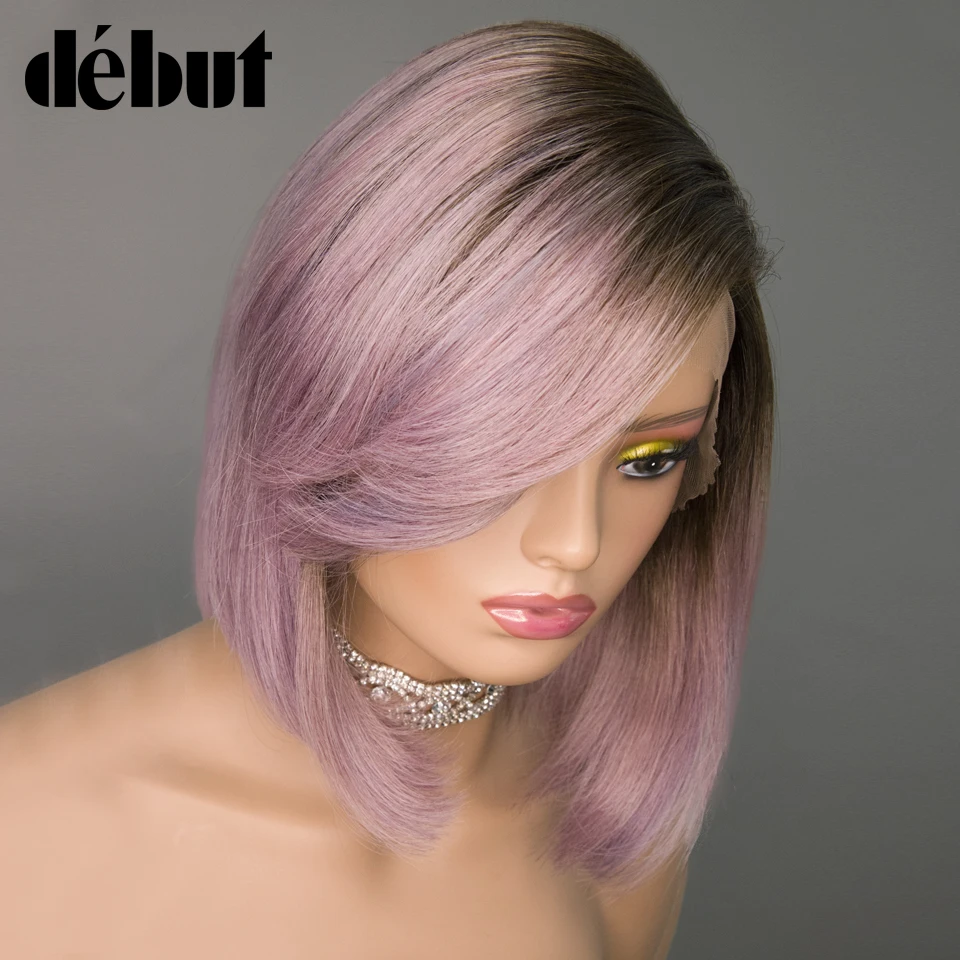 Purple Straight Bob Wig Brazilian Lace Part Human Hair Wigs For Women HD Highlight Wig Glueless Lace Front Wig With Bangs  DEBUT