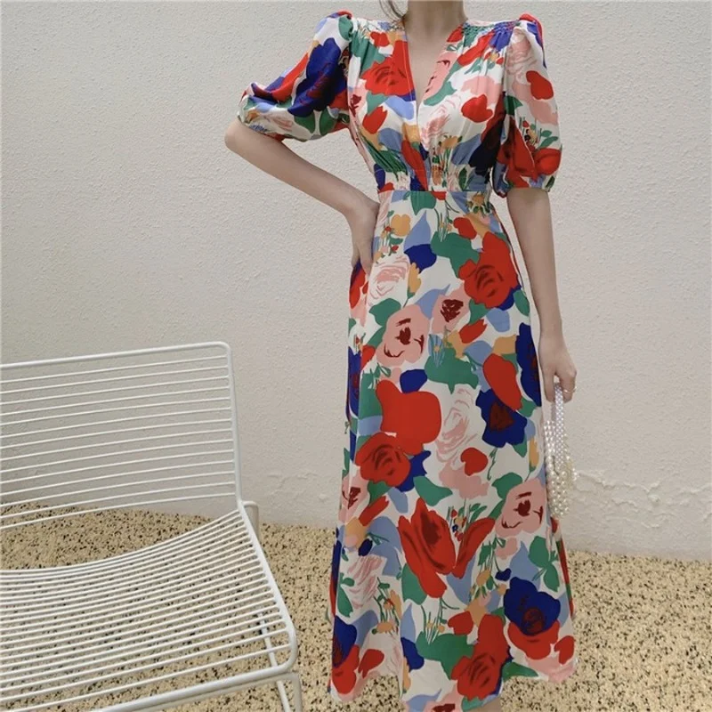 

Cottagecore Dress Women Chic Floral New Holiday Elegant Design Vestidos V-Neck Puff Sleeve Slim Summer Temperament Vintage 2021