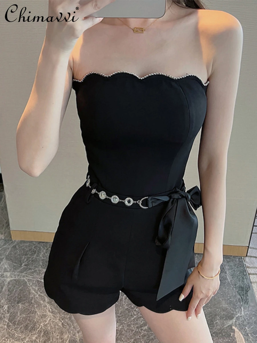 

Новинка 2022, летний черный женский комбинезон без бретелек с бусинами в виде ромбиков, Модный женский черный комбинезон с бантом для женщин