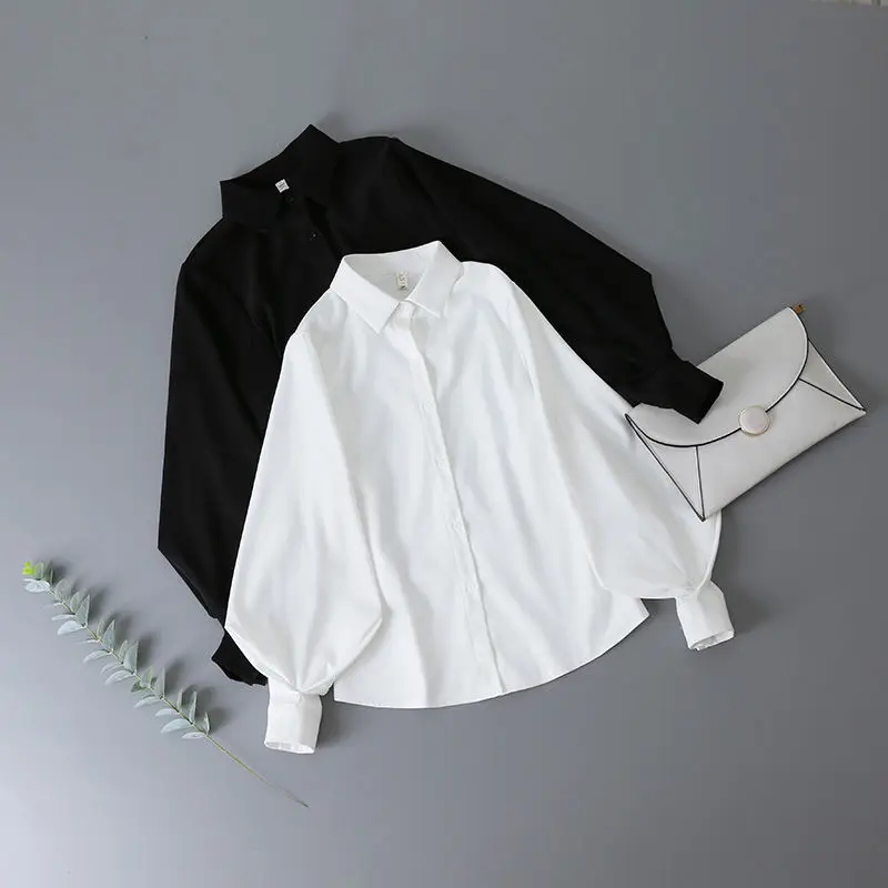 Deeptown Lantern Sleeves Vintage Shirts Women Elegant White Womens Blouse with Lush Sleeves 2022 Fashion Button Up Shirt Black