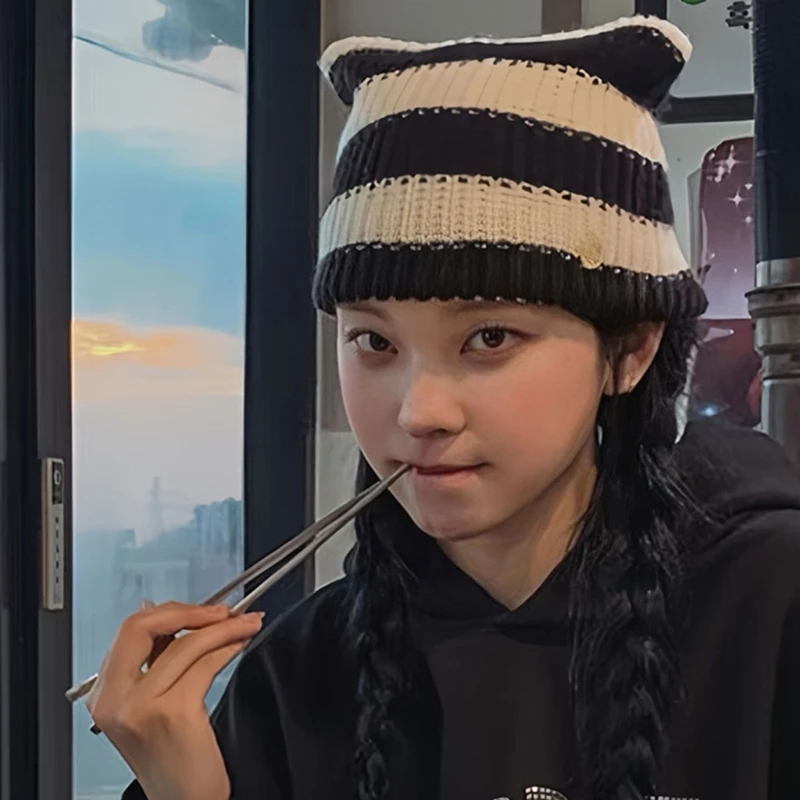 Взрослая вязаная шапка с кошачьими ушками для девочек-подростков женская