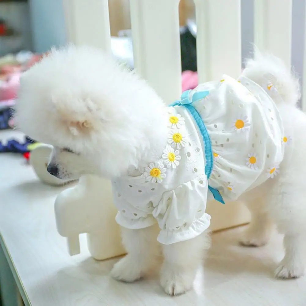 

40%HOTPet Dress Bow Tie Lace Edge Floral Printing Windproof Thin Dress-up Breathable Summer Small Dog Princess Cosplay Costume f