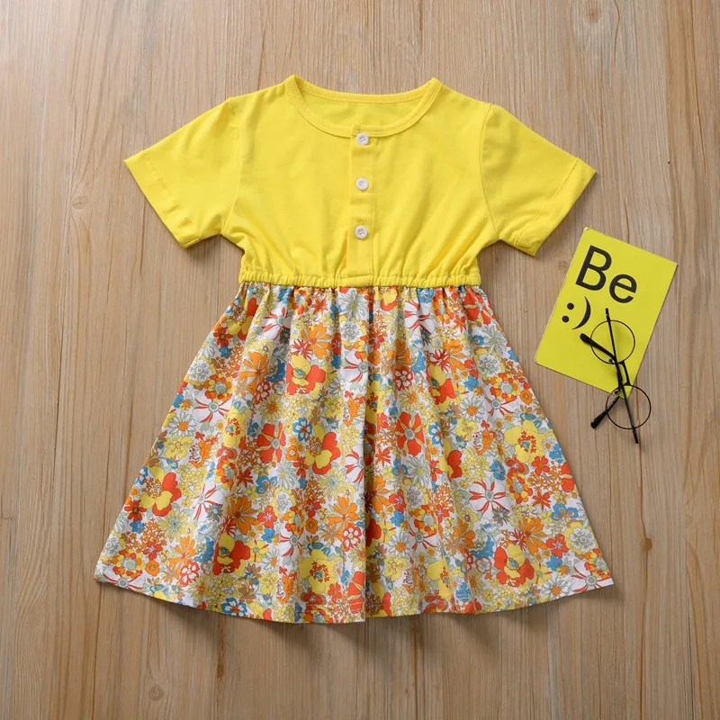 

Summer Dress Summer Yellow Princess Dress Girls Printed Short Sleeve Dress Floral Lovely Children's Wear Kids Dresses for Girls