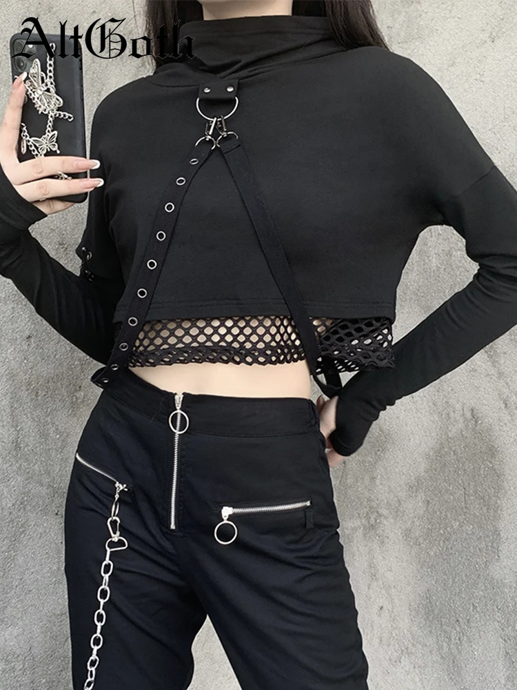 

AltGoth Harajuku Grunge Sweatshirt Women Mall Gothic Vintage Punk Mesh Long Sleeve Patchwork Hooded Pullovers Emo Alt Clothes