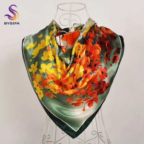 BYSIFA | Осенне-зимние элегантные шарфы с цветочным рисунком, новые зеленые и оранжевые квадратные шелковые шарфы, 90*90 см, женский шарф на шею, головной платок, хиджаб