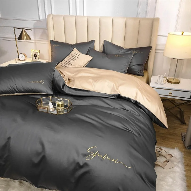 

Simple Embroidery Duvet Cover set Silky Soft 600TC Egyptian Cotton Bedding Set with Zipper(1Duvet Cover+1Bed sheet+2Pillowcases)