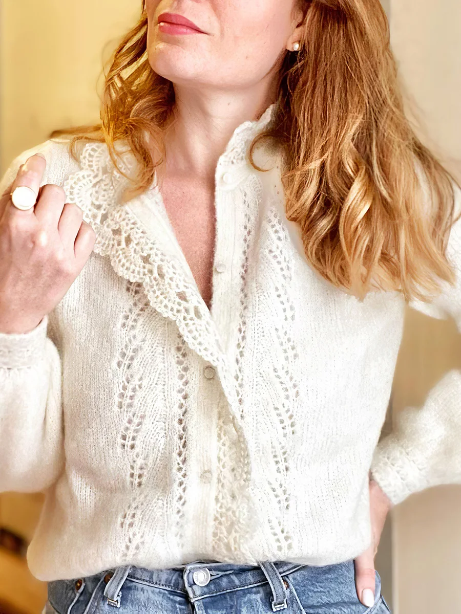 

Tricotage ajouré sur le devant Cardigan Winter Long Sleeve Round Neck Wool Kid Mohair Sweater Eleagnt Vintage Sweaters Gilet