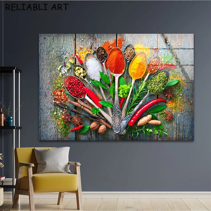 Цветной Настенный постер с изображением специй и ложек художественный кухонный