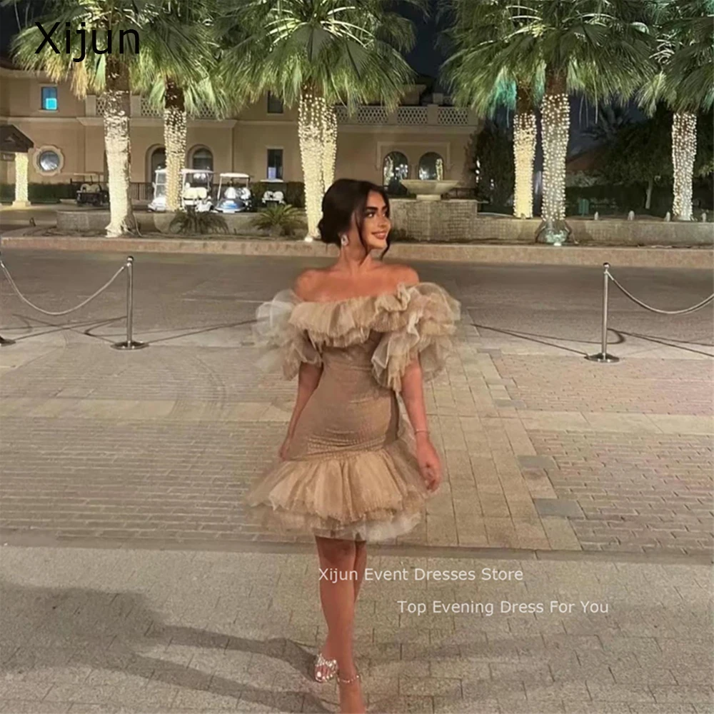 

Xijun Tulle Sexy Short Evening Dresses Boat Neck Tiered Prom Dresses robe de mariée Knee Length Prom Gowns 2023 For Women Dress