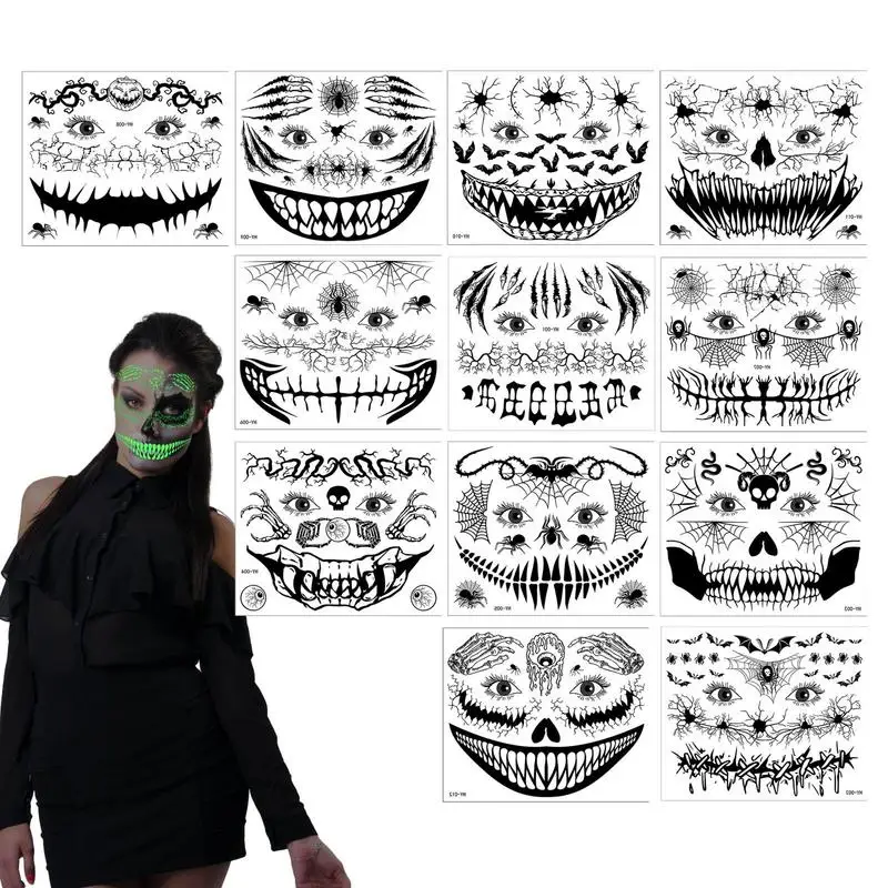 

Halloween Glow Body Stickers Face Temporary Makeup Glow Halloween Body Sticker Waterproof Water Transfer Horror 3D Stereo Party