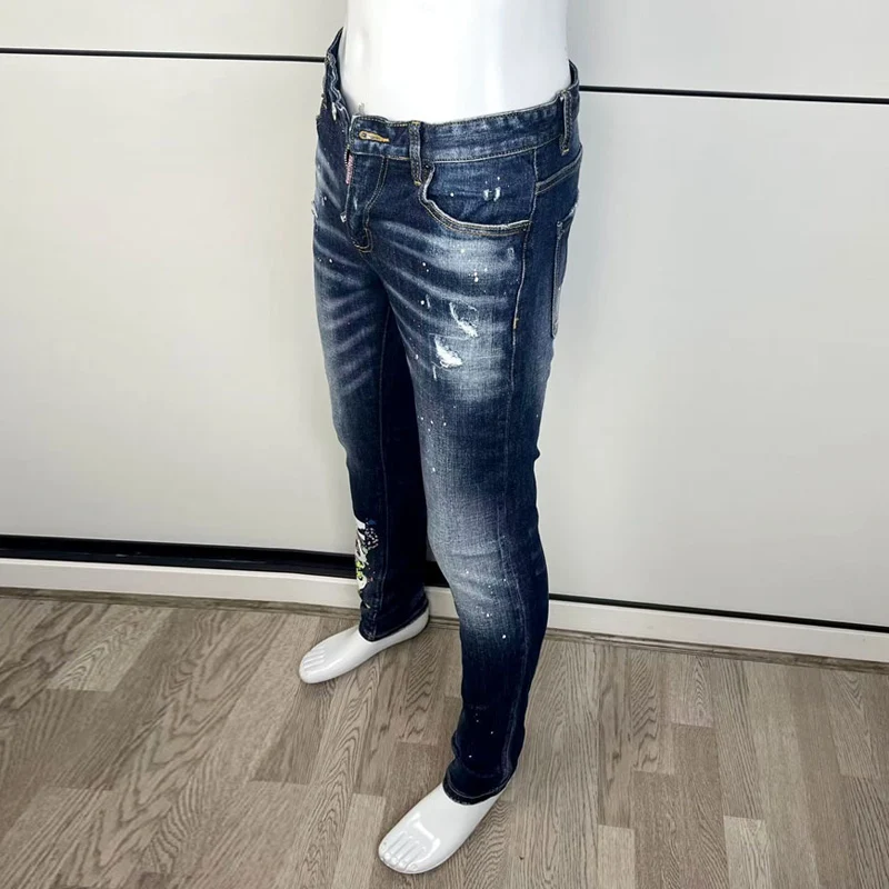 High Street Fashion Men Jeans Retro Blue Elastic Slim Fit Printed Ripped Jeans Men Brand Designer Hip Hop Denim Pants Hombre